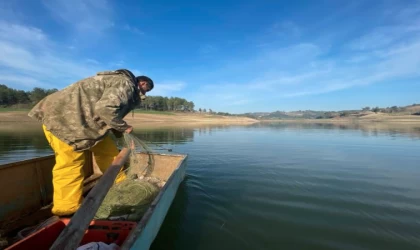 Osmaniye'de av yasağı öncesi balıkçılar Aslantaş Baraj Gölü'ne son ağları atıyor